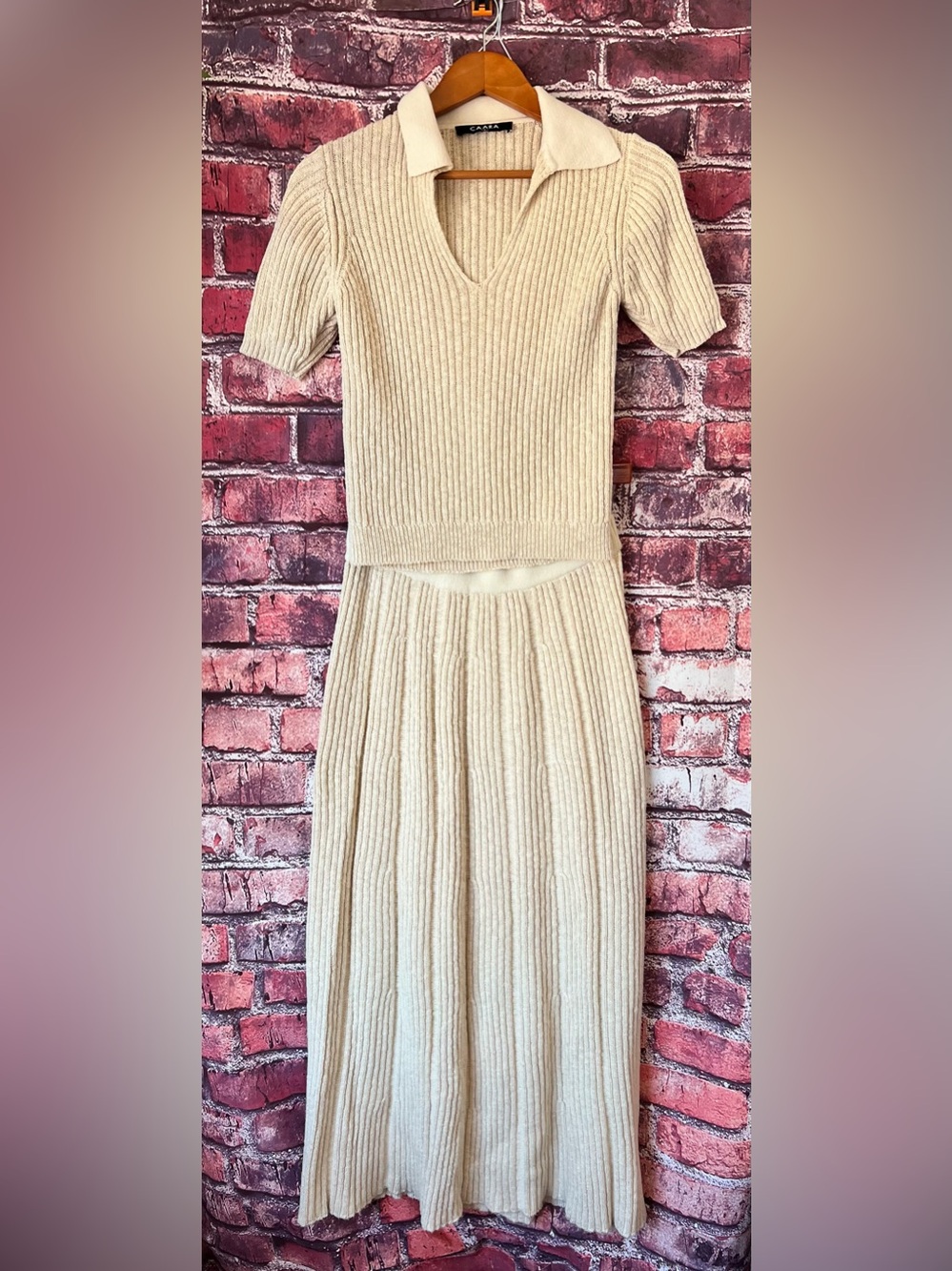 CAARA Kalei Two-Piece Ribbed Knit Top & Midi Skirt Set